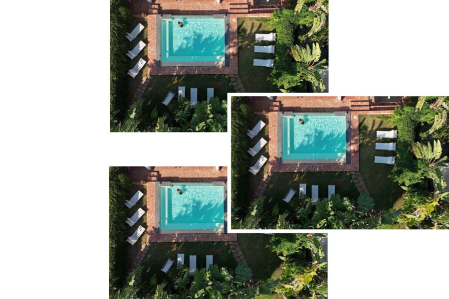 Relax at Villa Fontane Bianche – Sicily Aerial view of Villa Fontane Bianche private pool and garden, part of Sicily villas with pool collection.