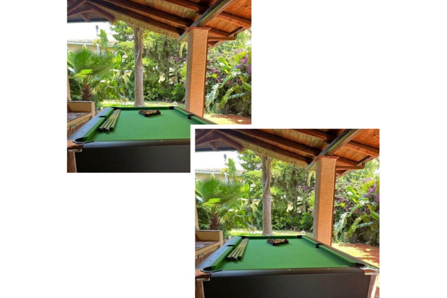 VillaFontaneBianche-Siracusa-billiard-ScentOfSicily Outdoor covered billiard table surrounded by lush gardens at Villa Fontane Bianche, one of the finest Sicily villas with pool